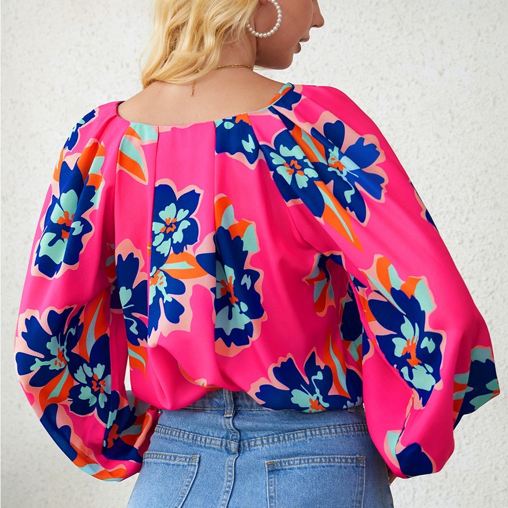 ENTRO Floral Hot Pink Satin Blouse - Picture 3 of 11